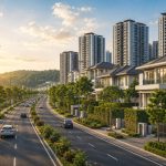 Ilustrasi jalan utama menuju kawasan properti modern Ilustrasi jalan utama menuju kawasan properti modern yang menunjukkan pentingnya akses infrastruktur dalam meningkatkan nilai investasi properti di Indonesi