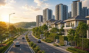Ilustrasi jalan utama menuju kawasan properti modern Ilustrasi jalan utama menuju kawasan properti modern yang menunjukkan pentingnya akses infrastruktur dalam meningkatkan nilai investasi properti di Indonesi