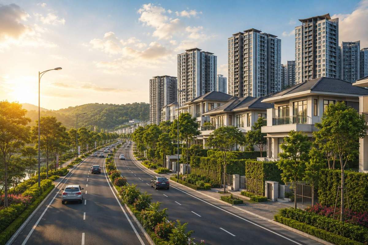 Ilustrasi jalan utama menuju kawasan properti modern yang menunjukkan pentingnya akses infrastruktur dalam meningkatkan nilai investasi properti di Indonesi
